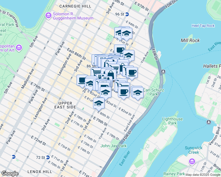 map of restaurants, bars, coffee shops, grocery stores, and more near 1634 1st Avenue in New York