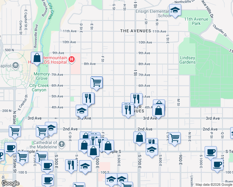 map of restaurants, bars, coffee shops, grocery stores, and more near 507 East 5th Avenue in Salt Lake City