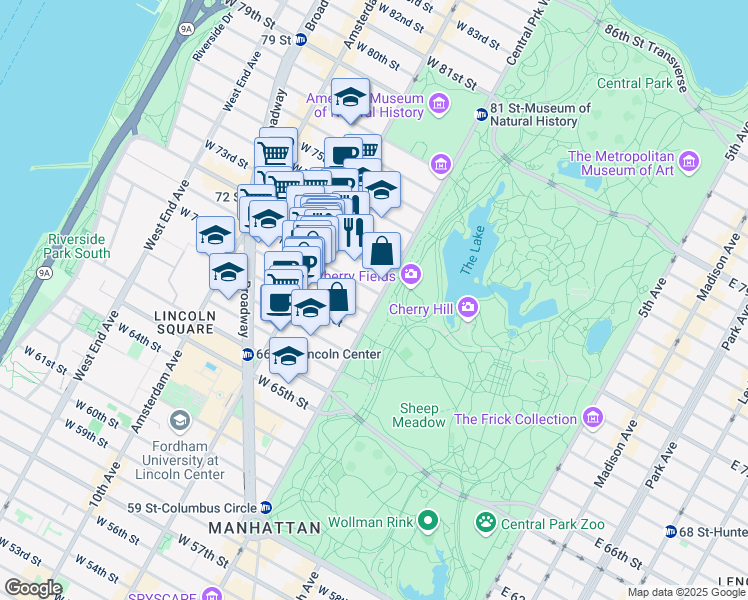 map of restaurants, bars, coffee shops, grocery stores, and more near 107 Central Park West in New York