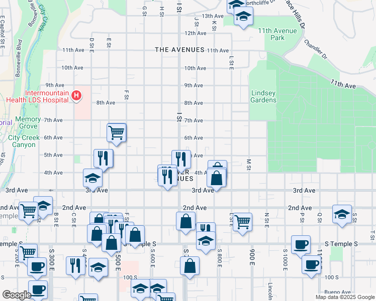 map of restaurants, bars, coffee shops, grocery stores, and more near 286 I Street in Salt Lake City