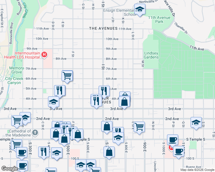 map of restaurants, bars, coffee shops, grocery stores, and more near 286 I Street in Salt Lake City