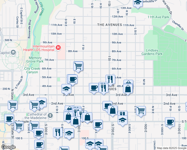 map of restaurants, bars, coffee shops, grocery stores, and more near 504 6th Avenue in Salt Lake City