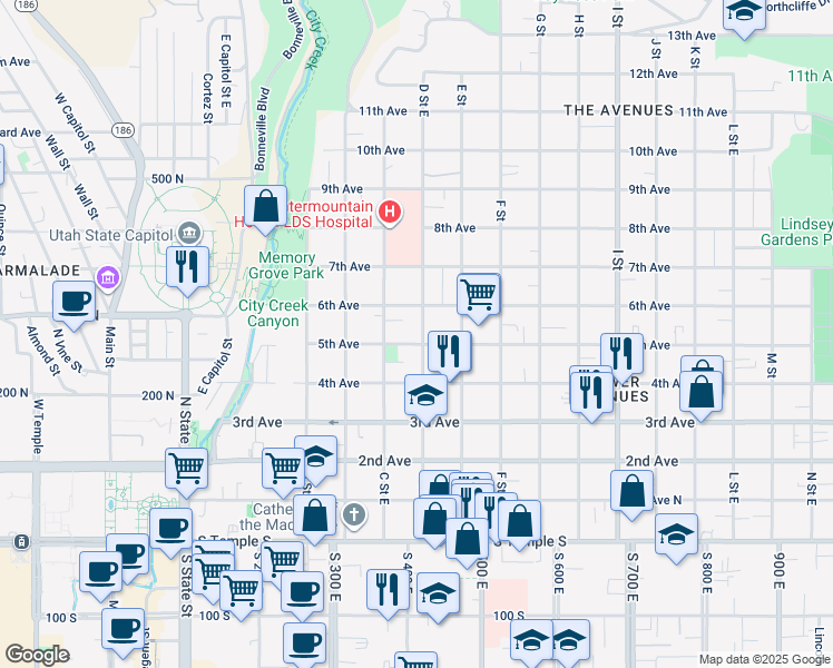 map of restaurants, bars, coffee shops, grocery stores, and more near 286 D Street East in Salt Lake City