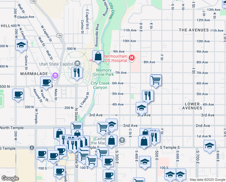 map of restaurants, bars, coffee shops, grocery stores, and more near 278 A Street East in Salt Lake City