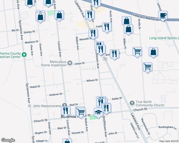 map of restaurants, bars, coffee shops, grocery stores, and more near 1330 Smithtown Avenue in Bohemia