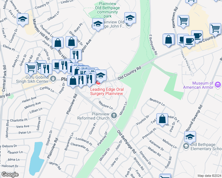 map of restaurants, bars, coffee shops, grocery stores, and more near 1221 Old Country Road in Plainview