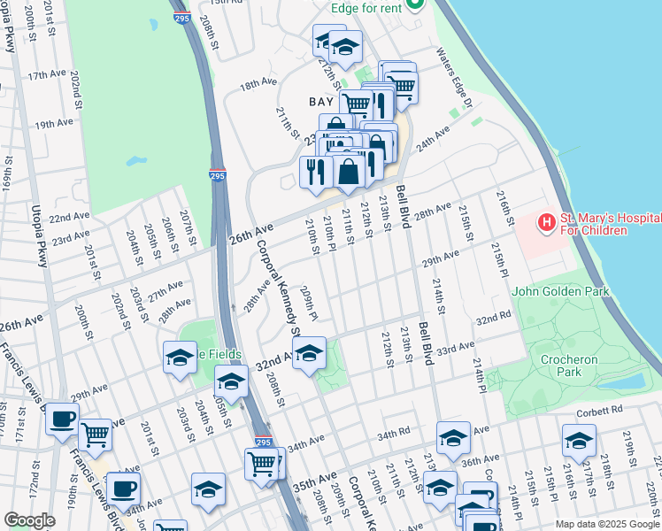 map of restaurants, bars, coffee shops, grocery stores, and more near 210-25 28th Avenue in Queens