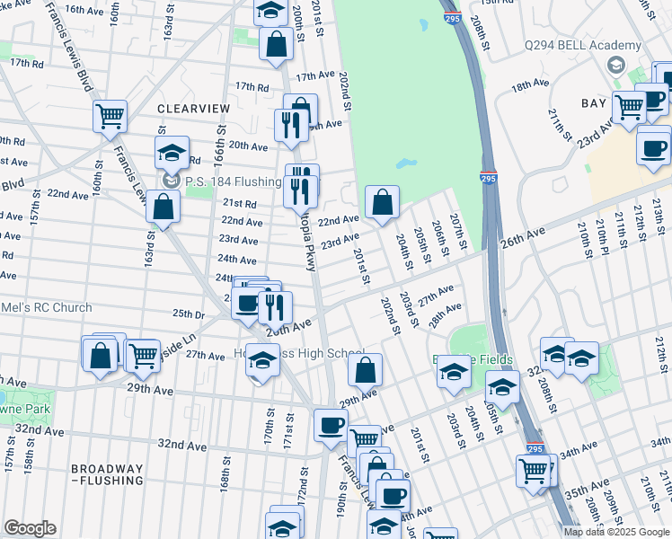 map of restaurants, bars, coffee shops, grocery stores, and more near 199-14 23rd Avenue in Queens