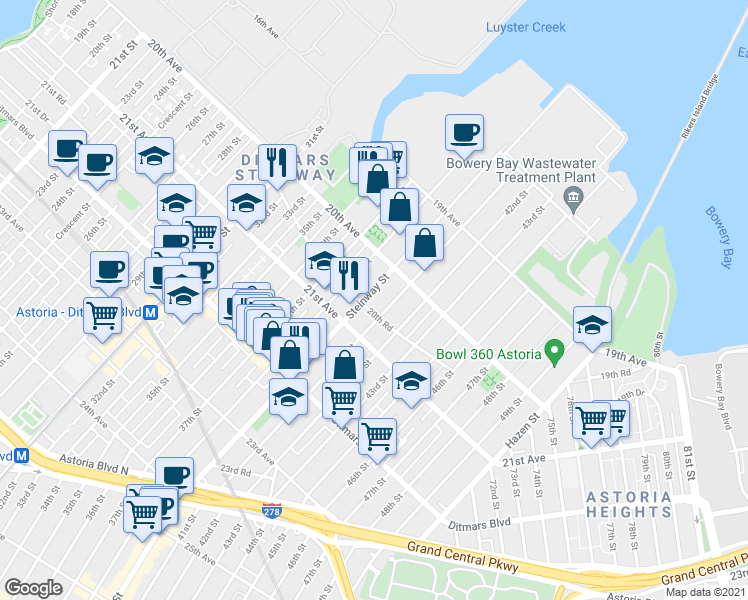 map of restaurants, bars, coffee shops, grocery stores, and more near 20-15 Steinway Street in Queens