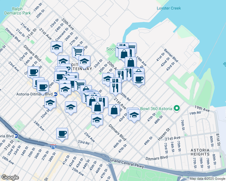 map of restaurants, bars, coffee shops, grocery stores, and more near 38-01 20th Road in Queens