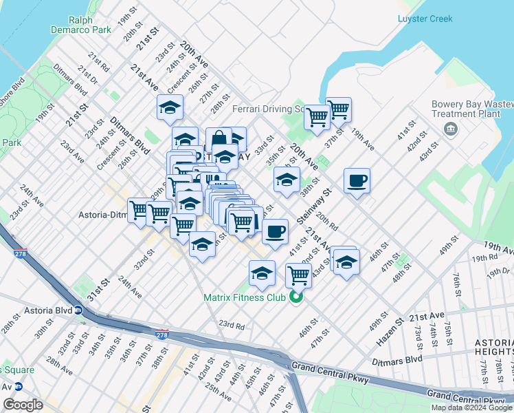 map of restaurants, bars, coffee shops, grocery stores, and more near 21-12 36th Street in Queens