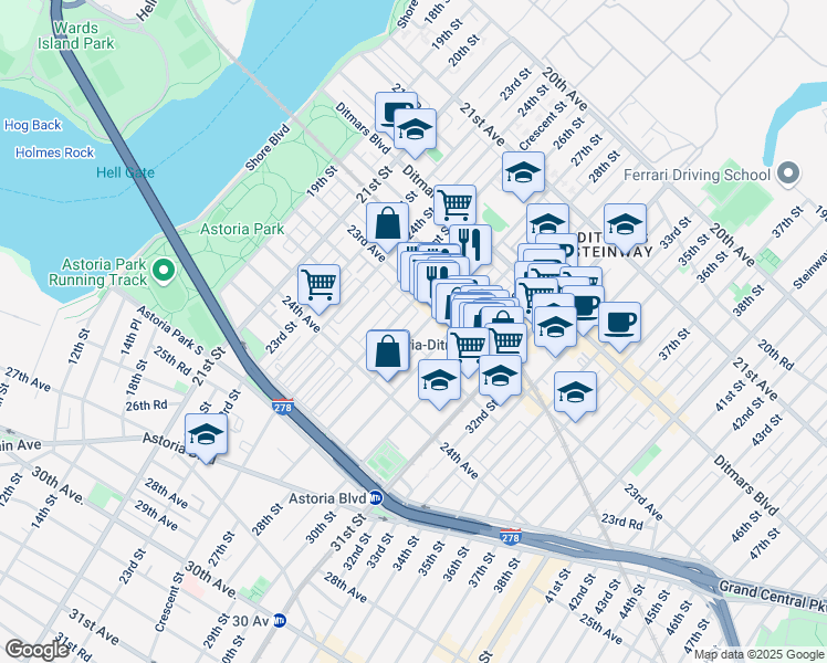 map of restaurants, bars, coffee shops, grocery stores, and more near 2620 23rd Avenue in Queens