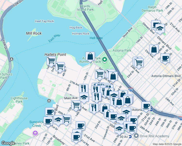 map of restaurants, bars, coffee shops, grocery stores, and more near 25-40 Shore Boulevard in Queens