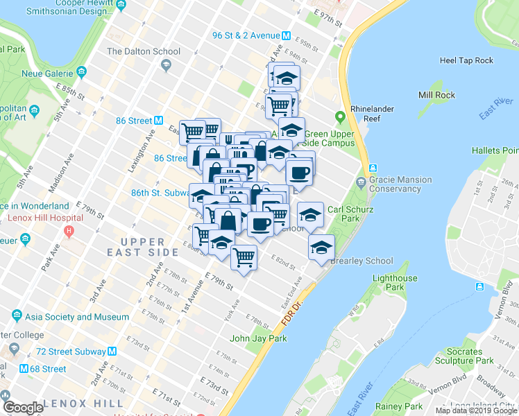 map of restaurants, bars, coffee shops, grocery stores, and more near 1634 1st Avenue in New York