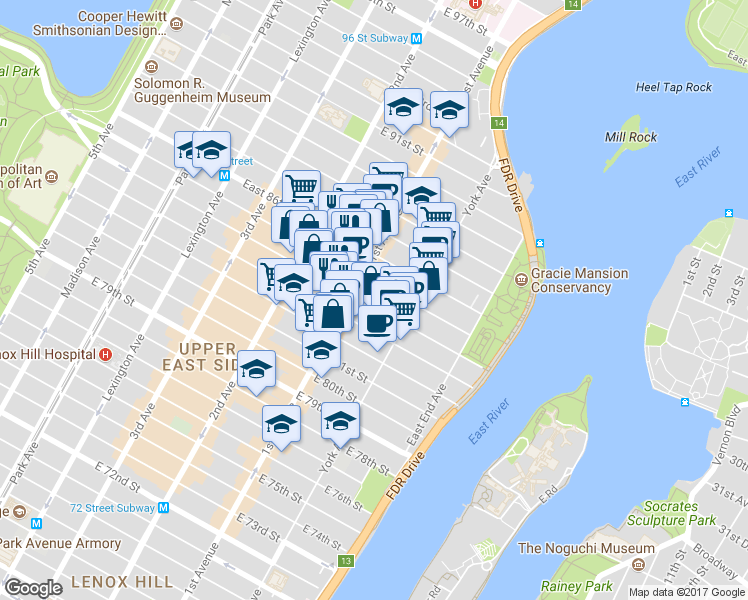 map of restaurants, bars, coffee shops, grocery stores, and more near 1634 1st Avenue in New York