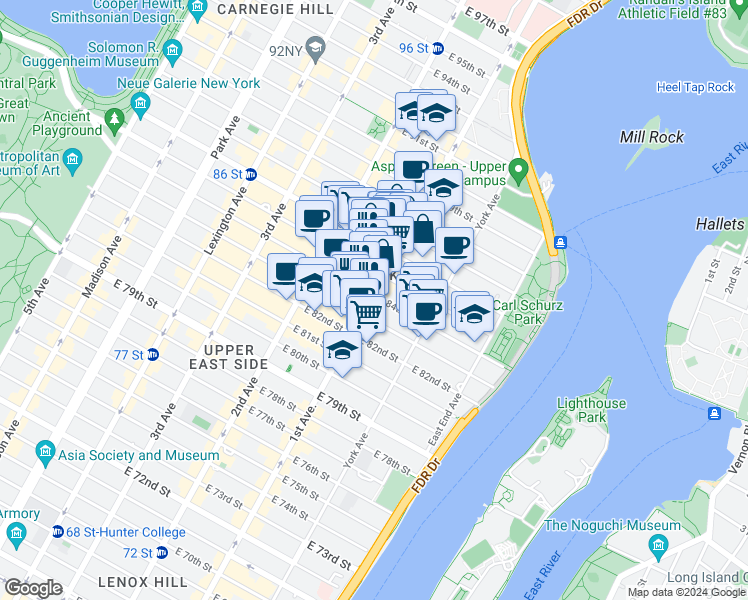 map of restaurants, bars, coffee shops, grocery stores, and more near 1634 1st Avenue in New York