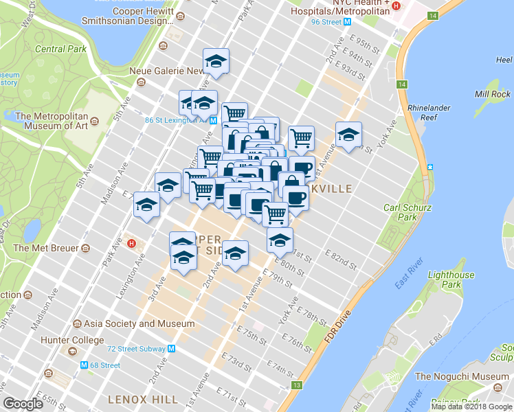 map of restaurants, bars, coffee shops, grocery stores, and more near 252 East 84th Street in New York