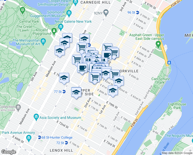 map of restaurants, bars, coffee shops, grocery stores, and more near 225 East 82nd Street in New York