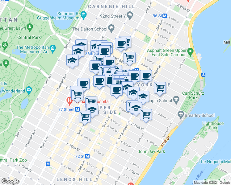 map of restaurants, bars, coffee shops, grocery stores, and more near 225 East 82nd Street in New York