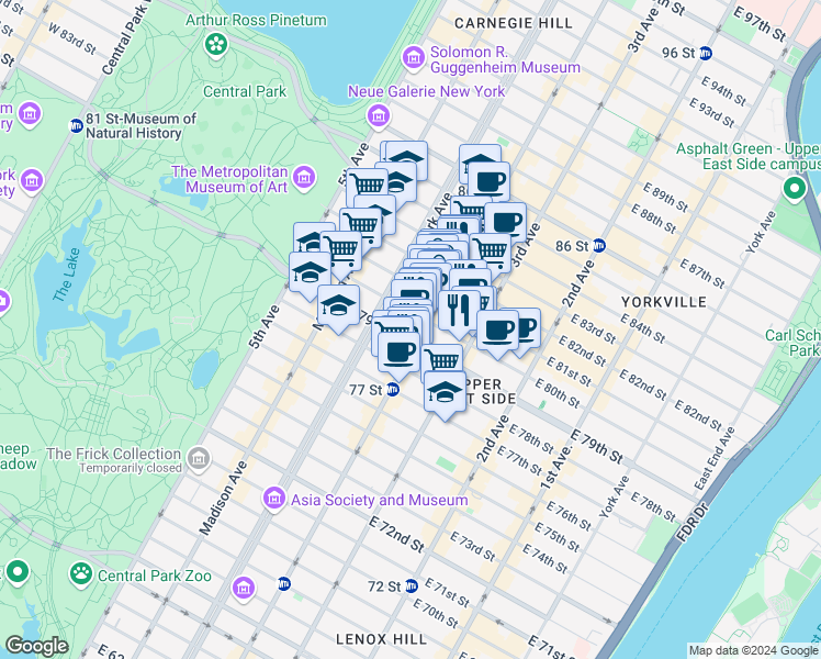 map of restaurants, bars, coffee shops, grocery stores, and more near 119 East 80th Street in New York