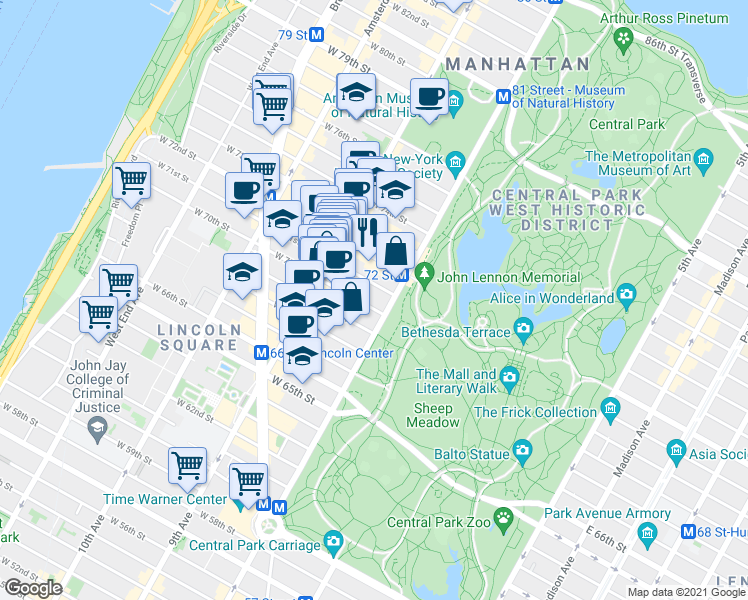 map of restaurants, bars, coffee shops, grocery stores, and more near 115 Central Park West in New York