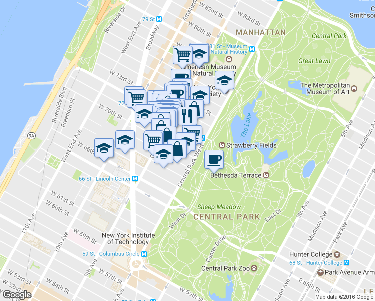 map of restaurants, bars, coffee shops, grocery stores, and more near 115 Central Park West in New York