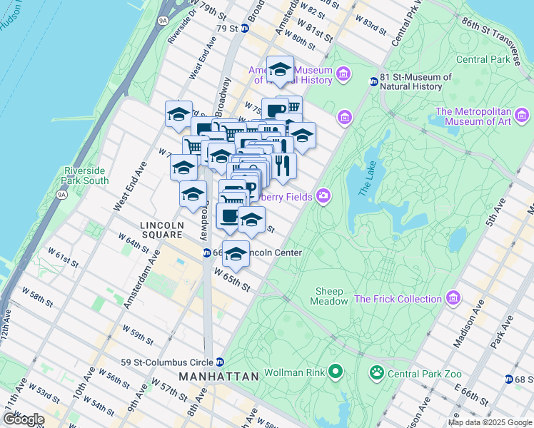 map of restaurants, bars, coffee shops, grocery stores, and more near 46 West 71st Street in New York