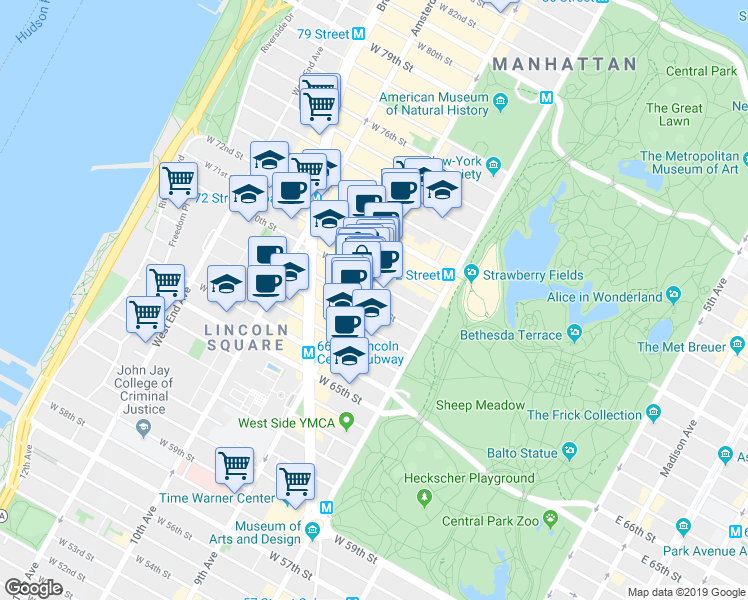 map of restaurants, bars, coffee shops, grocery stores, and more near in New York