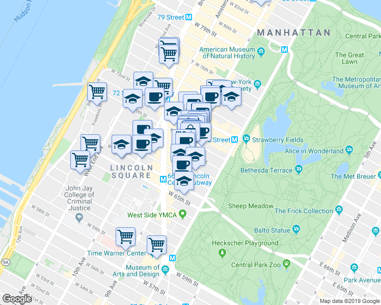 map of restaurants, bars, coffee shops, grocery stores, and more near in New York