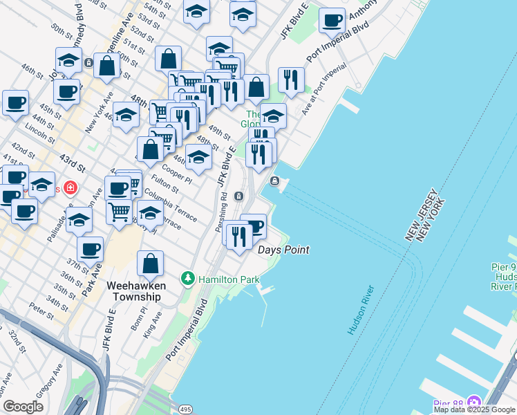 map of restaurants, bars, coffee shops, grocery stores, and more near in Weehawken