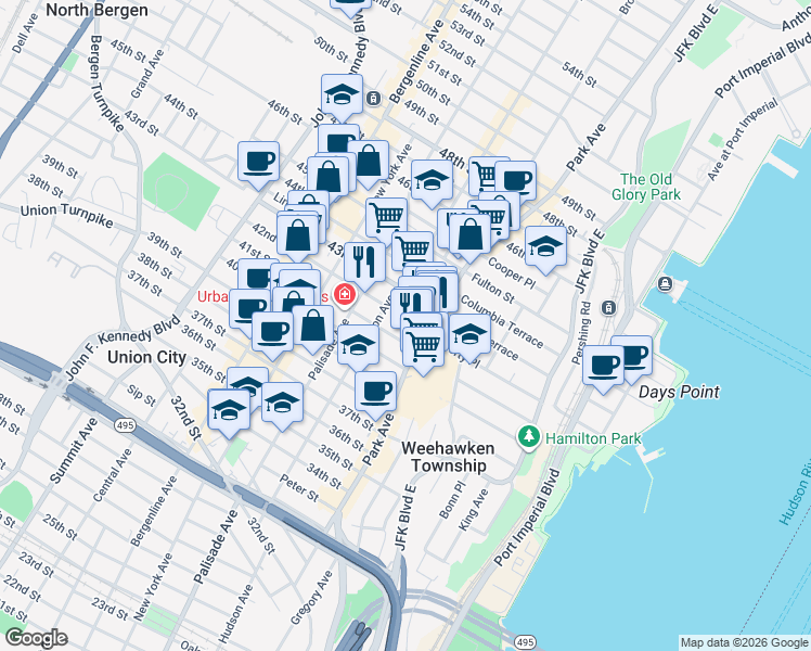 map of restaurants, bars, coffee shops, grocery stores, and more near 115 43rd Street in Union City