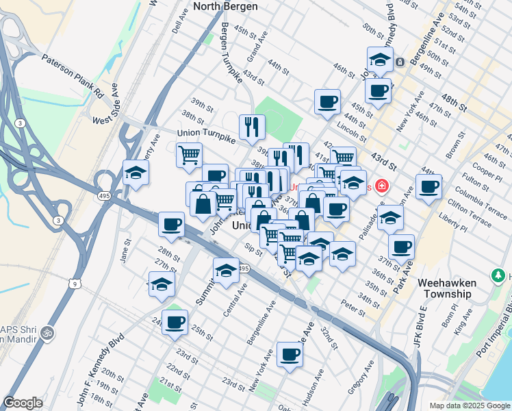 map of restaurants, bars, coffee shops, grocery stores, and more near 616 36th Street in Union City