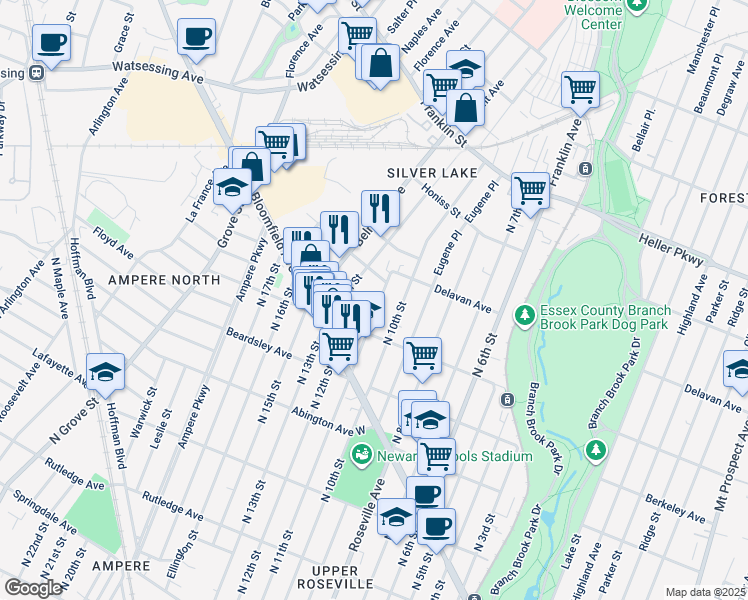 map of restaurants, bars, coffee shops, grocery stores, and more near 9 Lawrence Street in Belleville