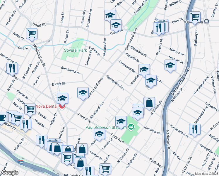 map of restaurants, bars, coffee shops, grocery stores, and more near 561 Springdale Avenue in East Orange
