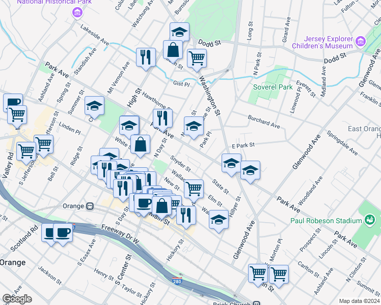 map of restaurants, bars, coffee shops, grocery stores, and more near 249 Park Avenue in City of Orange
