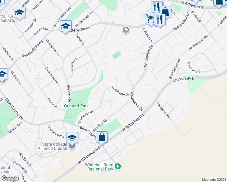 map of restaurants, bars, coffee shops, grocery stores, and more near 821 Southgate Drive in State College