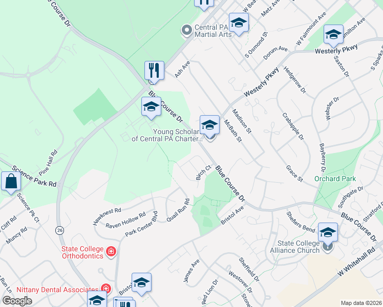 map of restaurants, bars, coffee shops, grocery stores, and more near Blue Course Dr in State College