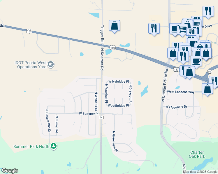 map of restaurants, bars, coffee shops, grocery stores, and more near 6001-6099 Ivybridge Pl in Peoria