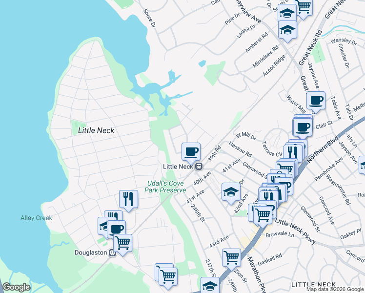 map of restaurants, bars, coffee shops, grocery stores, and more near 37-28 Little Neck Parkway in Queens