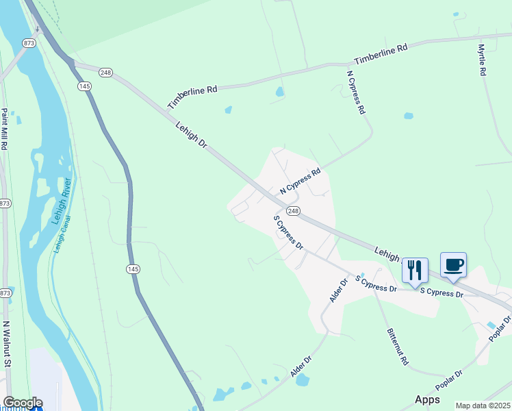 map of restaurants, bars, coffee shops, grocery stores, and more near 4847 Lehigh Drive in Walnutport
