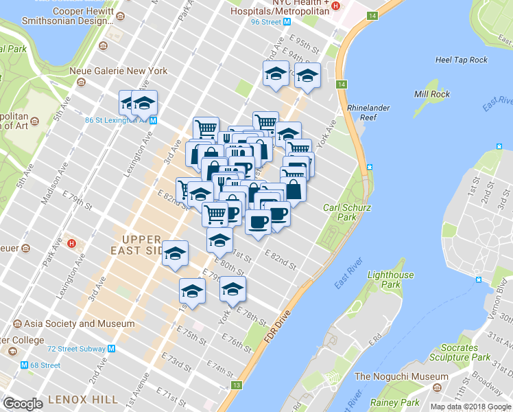 map of restaurants, bars, coffee shops, grocery stores, and more near 417 East 84th Street in New York