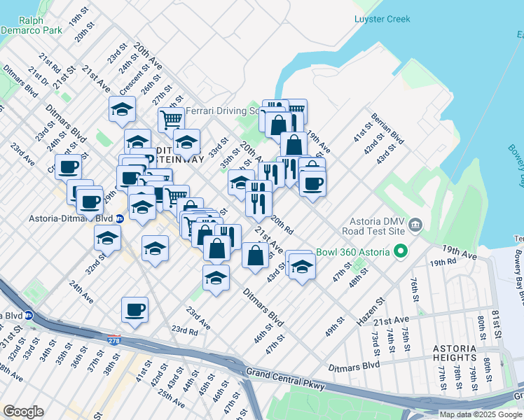 map of restaurants, bars, coffee shops, grocery stores, and more near 38-01 20th Road in Queens