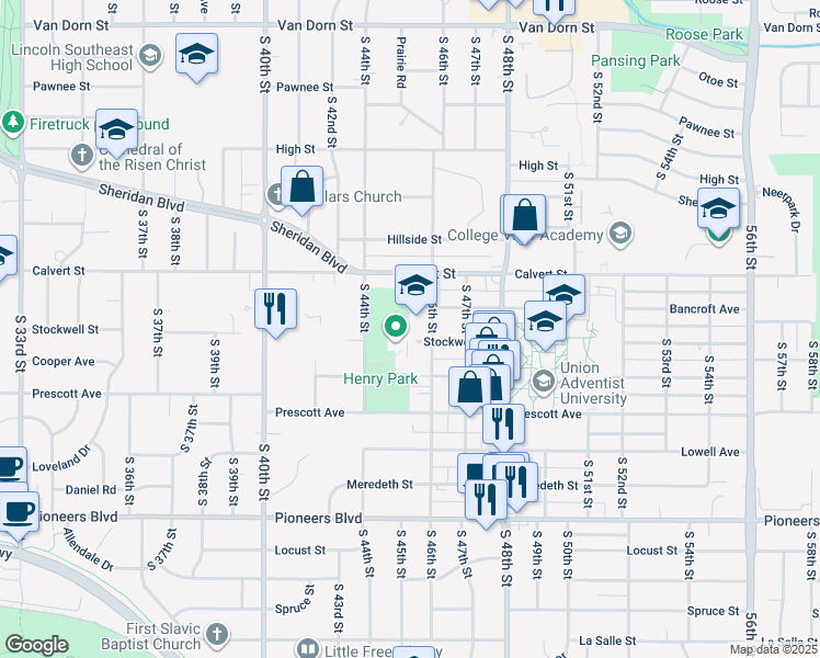 map of restaurants, bars, coffee shops, grocery stores, and more near 4500 Stockwell Street in Lincoln
