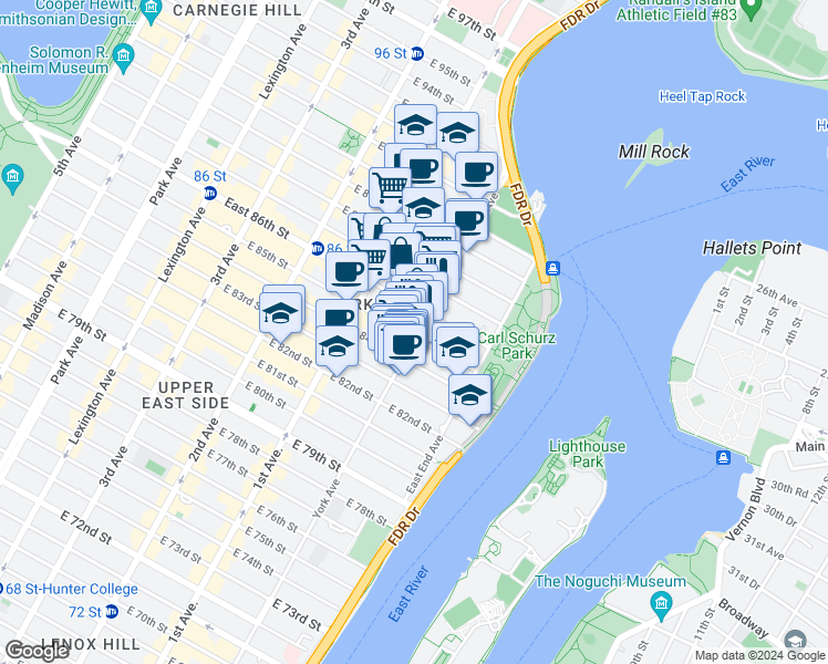 map of restaurants, bars, coffee shops, grocery stores, and more near 1617 York Avenue in New York