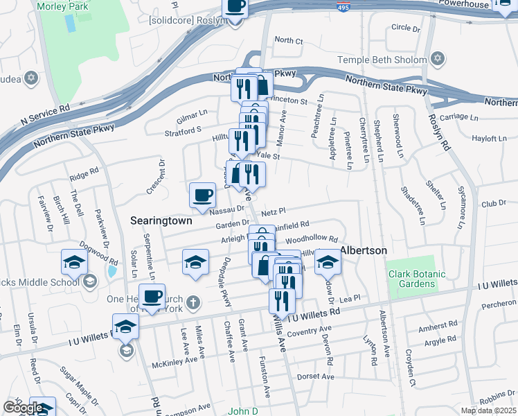 map of restaurants, bars, coffee shops, grocery stores, and more near 1162 Willis Ave in Albertson