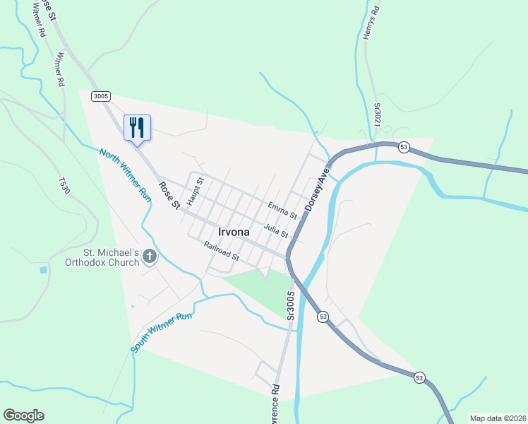 map of restaurants, bars, coffee shops, grocery stores, and more near 154 Emma Street in Irvona