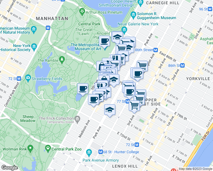 map of restaurants, bars, coffee shops, grocery stores, and more near 1000 Madison Avenue in New York