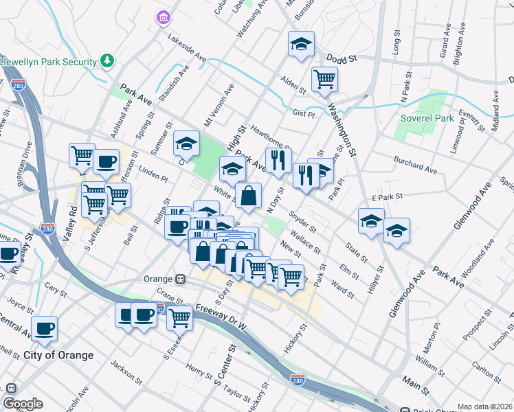 map of restaurants, bars, coffee shops, grocery stores, and more near 124 Cleveland Street in City of Orange