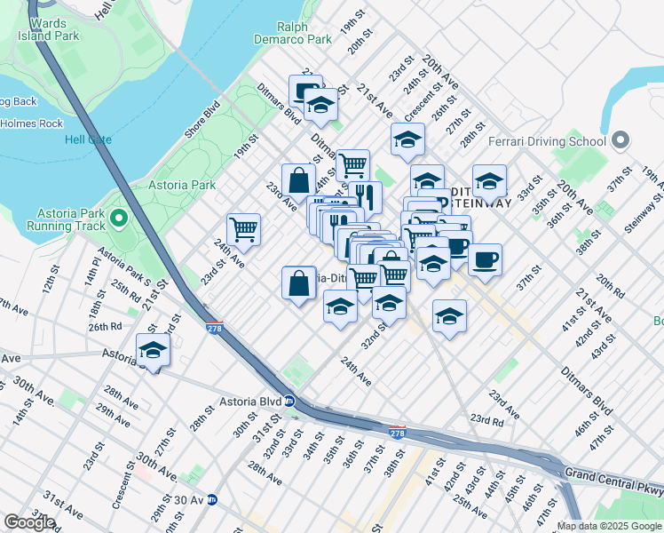 map of restaurants, bars, coffee shops, grocery stores, and more near 2620 23rd Avenue in Queens
