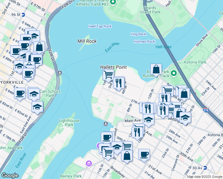 map of restaurants, bars, coffee shops, grocery stores, and more near 26-27 2nd Street in Queens